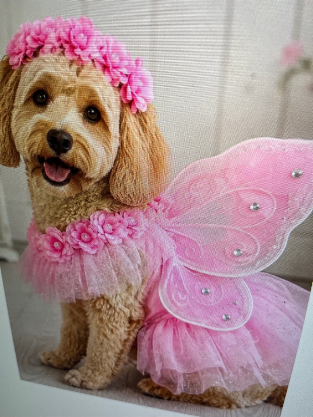 Pink Floral Fairy Dog Costume with Tulle Skirt and Wings